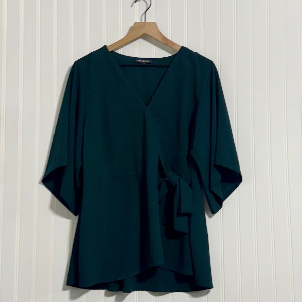 SKIES ARE BLUE XL Dark Forest Green Wrap Top Kimono Sleeve Blouse Professional